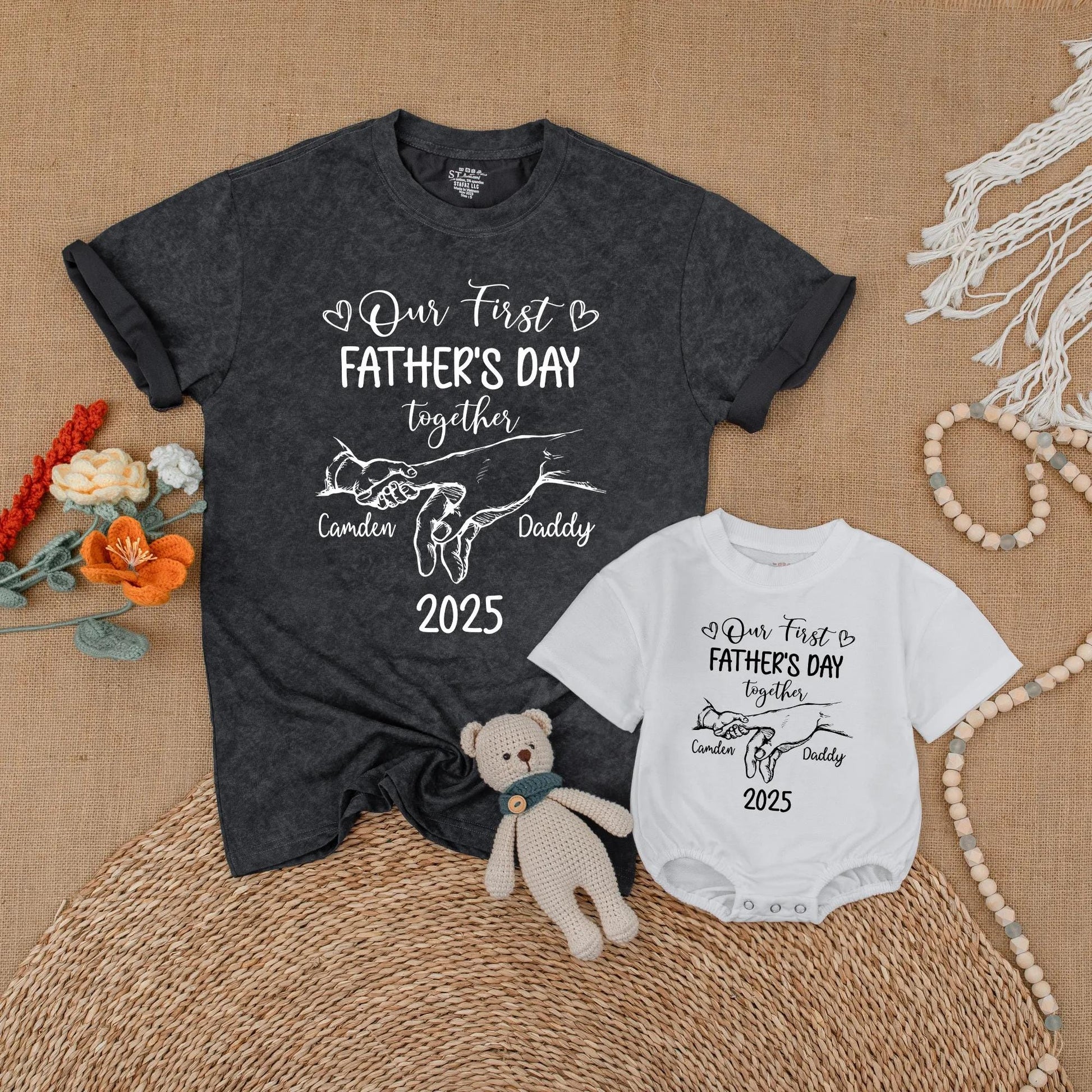 Personalized Daddy and Me First Father's Day Matching Bubble Romper and Shirt Custom Names New Dad Gift Outfit
