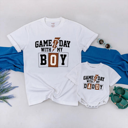 Daddy and Me Football Game Day Shirts - Matching Father Son Outfits for Sunday Fun, Adorable Baby Bodysuit & Dad T-Shirt Set - Touchdown Style!