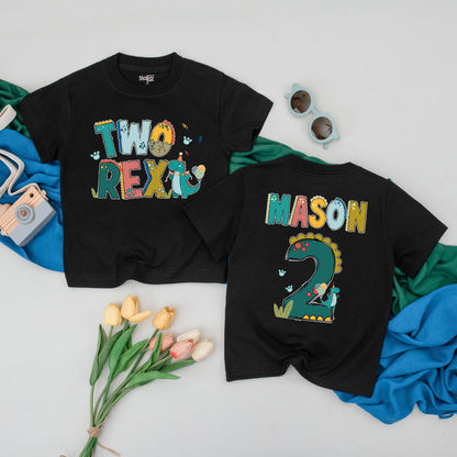 Personalized Two Rex Birthday Boy Shirt Colorful Dinosaur 2nd Birthday Toddler Outfit Whimsical Party Tee Fun Gift Idea