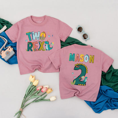 Personalized Two Rex Birthday Boy Shirt Colorful Dinosaur 2nd Birthday Toddler Outfit Whimsical Party Tee Fun Gift Idea