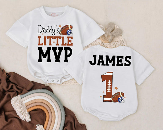Daddy’s Little MVP Football Romper Personalized Baby Boy Jersey 1st Birthday Gift for Sports Dad Game Day Outfit
