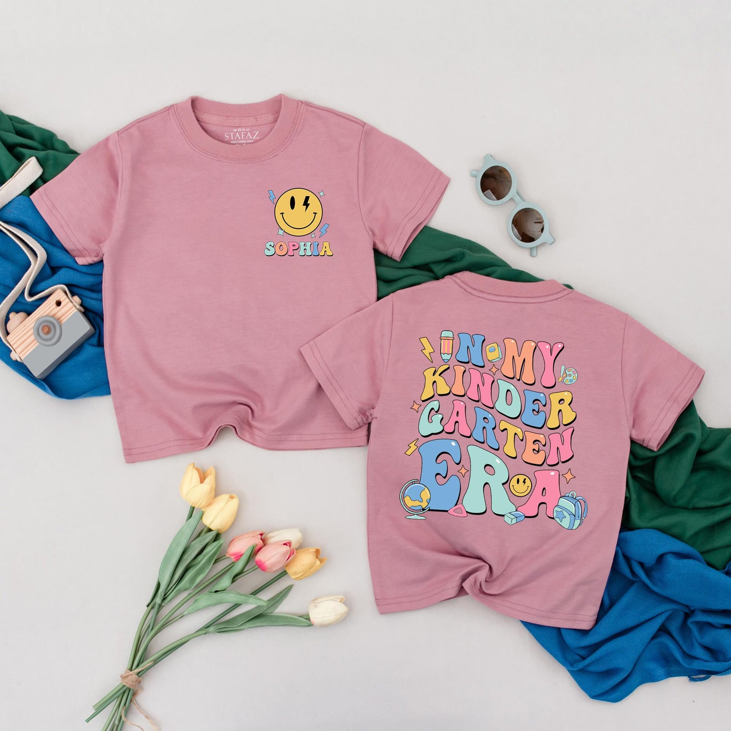 Personalized Kindergarten Era Tee, Custom Name School Shirt Girl, Retro 70s Design with Sophia Lightning Bolt, First Day Outfit, Colorful Toddler Top