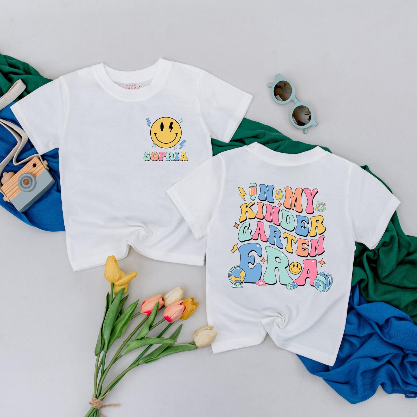 Personalized Kindergarten Era Tee, Custom Name School Shirt Girl, Retro 70s Design with Sophia Lightning Bolt, First Day Outfit, Colorful Toddler Top