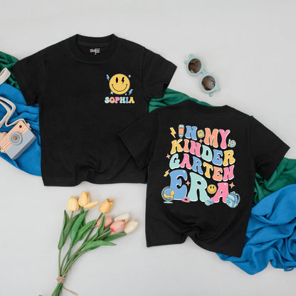 Personalized Kindergarten Era Tee, Custom Name School Shirt Girl, Retro 70s Design with Sophia Lightning Bolt, First Day Outfit, Colorful Toddler Top