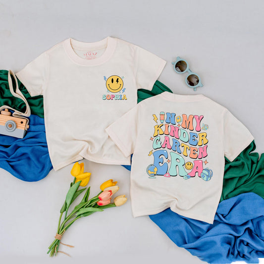 Personalized Kindergarten Era Tee, Custom Name School Shirt Girl, Retro 70s Design with Sophia Lightning Bolt, First Day Outfit, Colorful Toddler Top