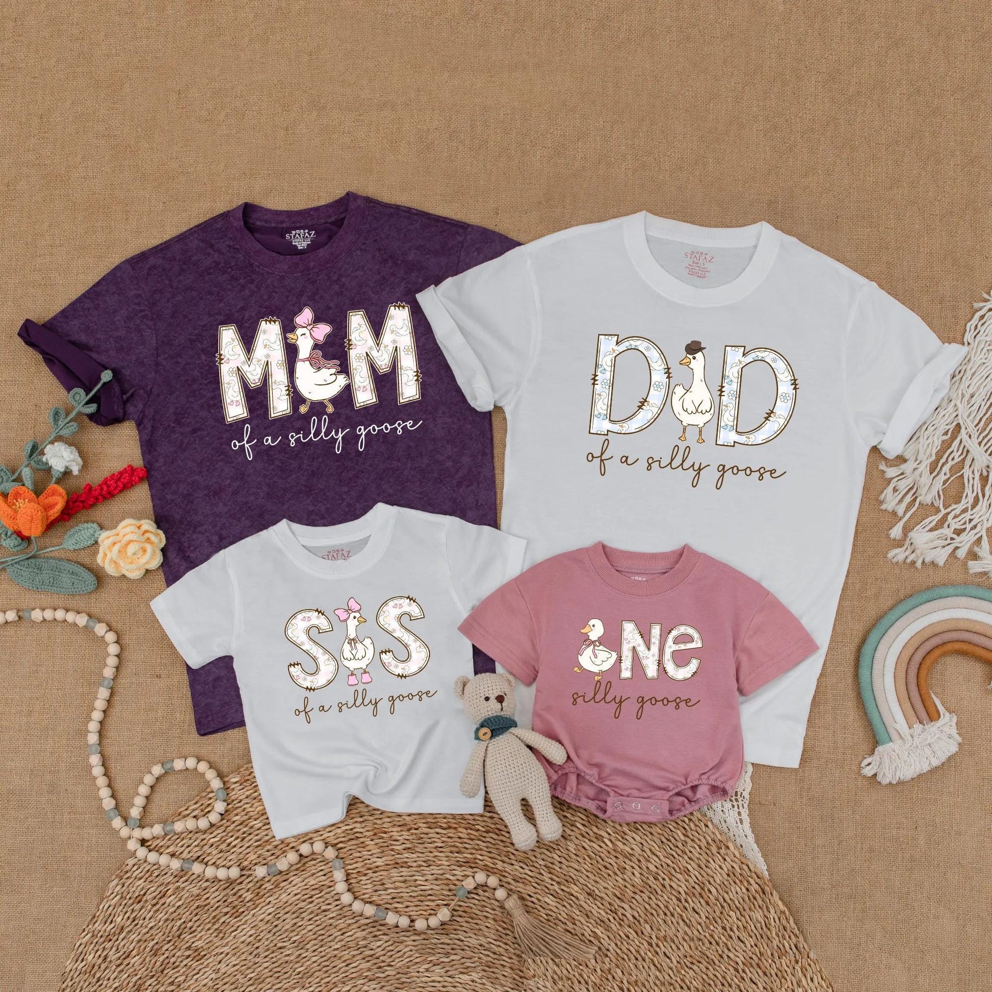 Cute Goose First Birthday Family Matching Shirts Mom Dad Girl Adorable Silly Goose Theme Outfits Light Blue Pink Cheerful Design