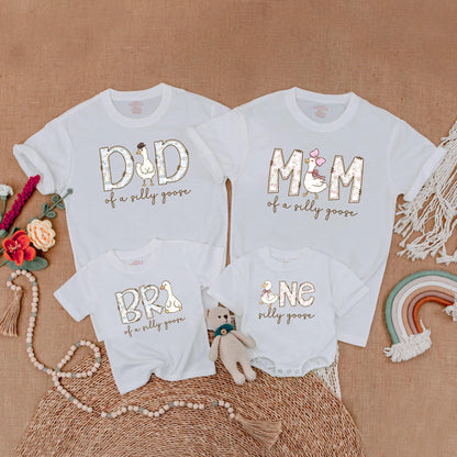 Cute Goose First Birthday Family Matching Shirts Mom Dad Girl Adorable Silly Goose Theme Outfits Light Blue Pink Cheerful Design