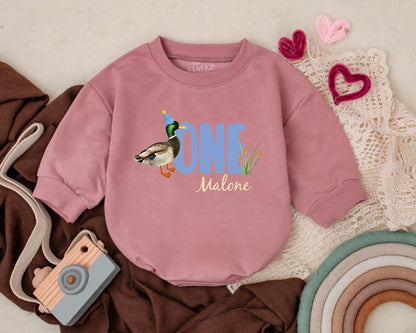 Personalized ONE Malone Mallard Duck First Birthday Romper for Baby Boy Cute Animal Themed Soft Cotton Outfit Party Celebration Gift Idea