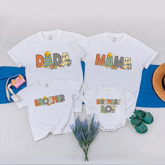 Construction Birthday Matching Family Shirts, Builder Theme Outfits: Dad, Mom, Brother, Birthday Boy, Construction 1st Birthday Romper