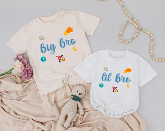 Big Bro Lil Bro Matching Space Theme Outfits for Siblings Baby Toddler Newborn Gift Big Brother Announcement Comfort Cotton Soft