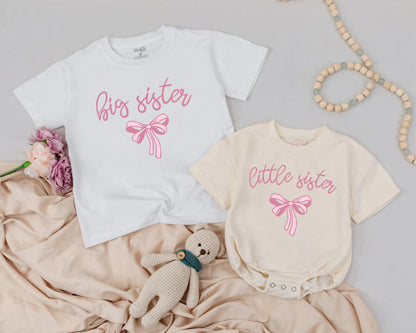 Big Sister Little Sister Matching Pink Bow Design Sibling Outfits Baby Girl Clothes Toddler Sister Newborn Gift Announcement