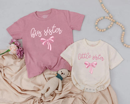 Big Sister Little Sister Matching Pink Bow Design Sibling Outfits Baby Girl Clothes Toddler Sister Newborn Gift Announcement