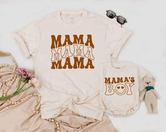 Retro Mama & Mama's Boy Matching Family Outfit Groovy Vintage Tee & Bodysuit Set Mom & Baby Gift Cute Mother's Day Aesthetic