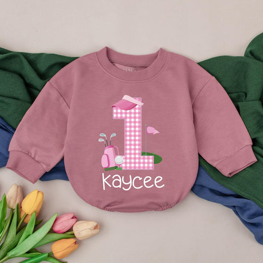 Personalized Pink Golf Caddy Romper Baby Girl First Birthday Outfit Toddler Girl Golf Tee Birthday Gift Soft Cotton Comfortable Celebration