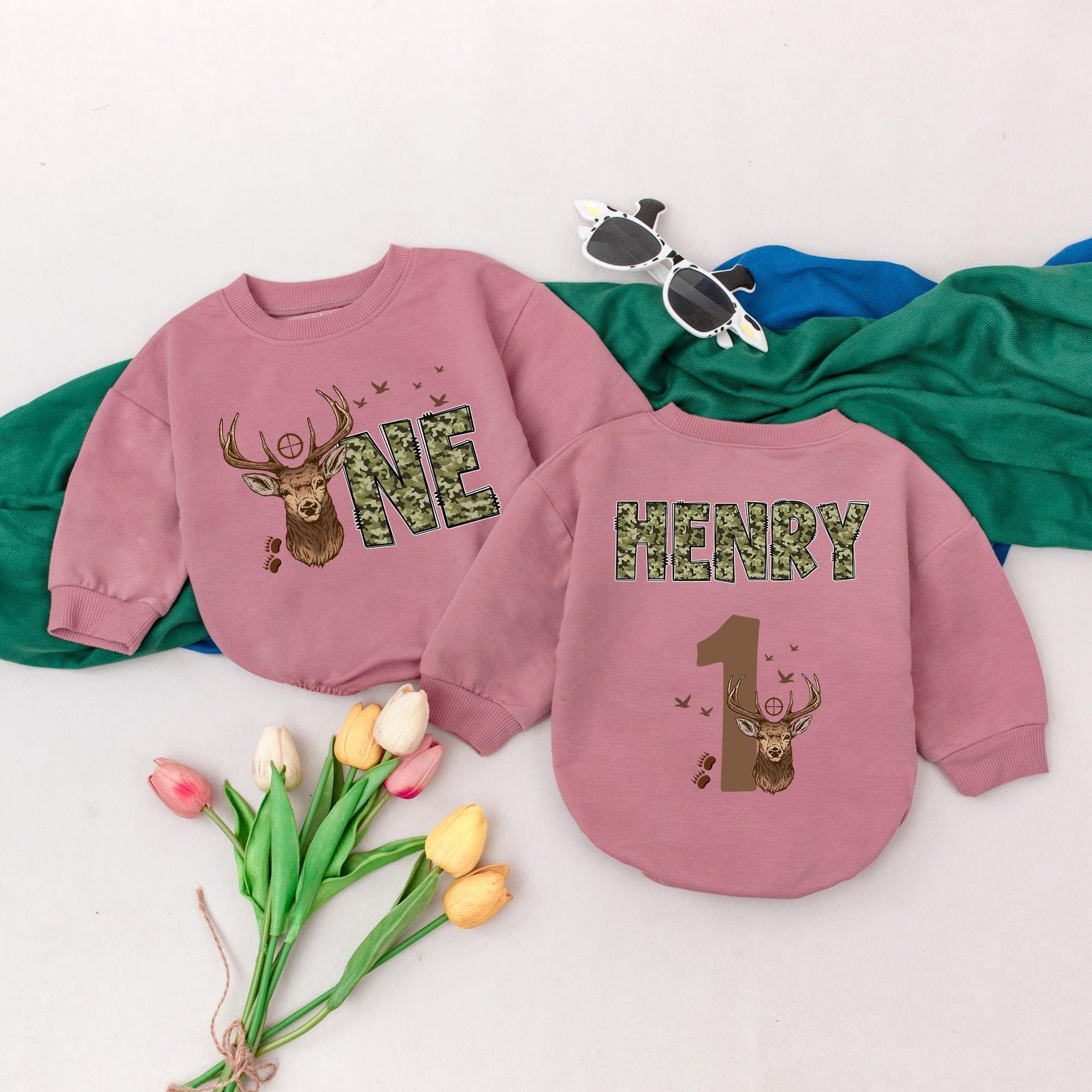 Custom Camo Baby Onesies, Wild One Deer Camo 1st Birthday Outfits, Personalized Camo Clothes, Woodland Animal Outfits