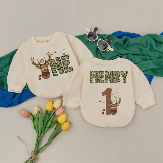 Wild One Deer Camo First Birthday Romper, Personalized Birthday Boy Outfit, Woodland Animal 1st Birthday Gift, Hunting Theme Soft Cotton Clothes