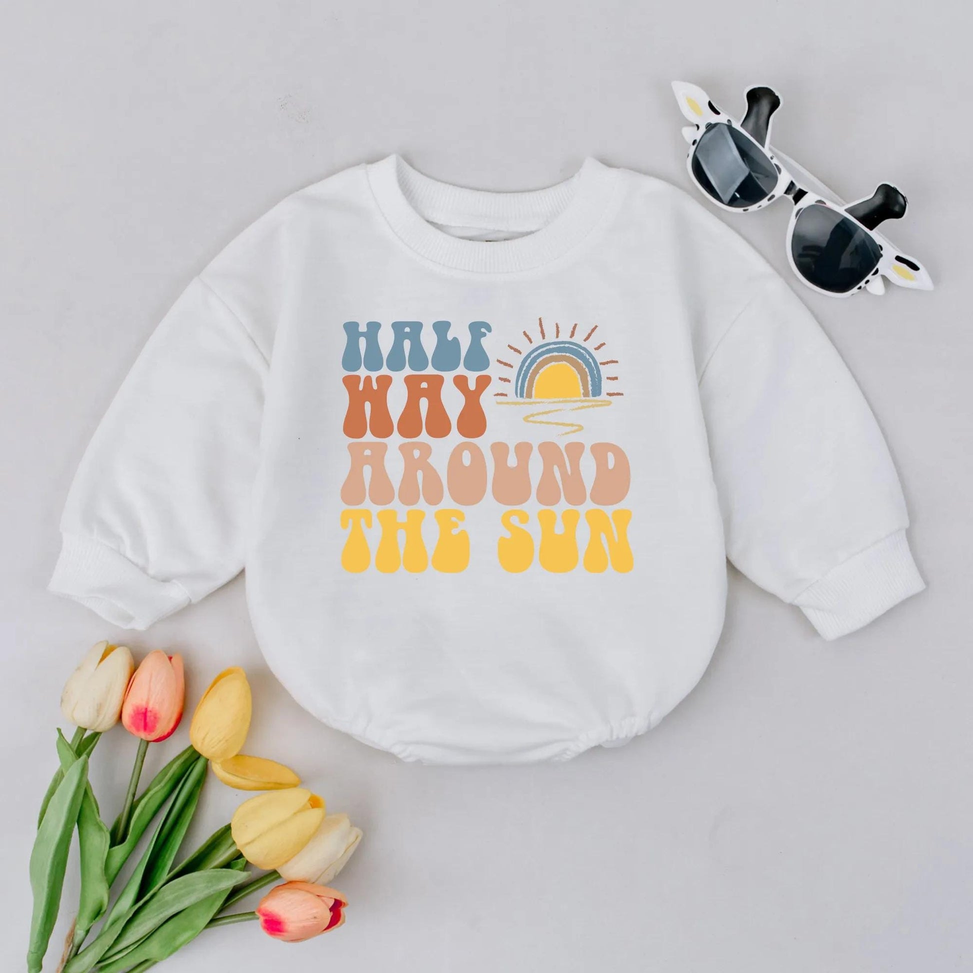 Halfway to One Bubble Romper for 6 Month Baby Girl - Retro Half Birthday Outfit Sunshine Baby Clothes Milestone Romper