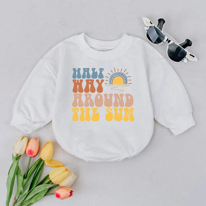Halfway to One Bubble Romper for 6 Month Baby Girl - Retro Half Birthday Outfit Sunshine Baby Clothes Milestone Romper