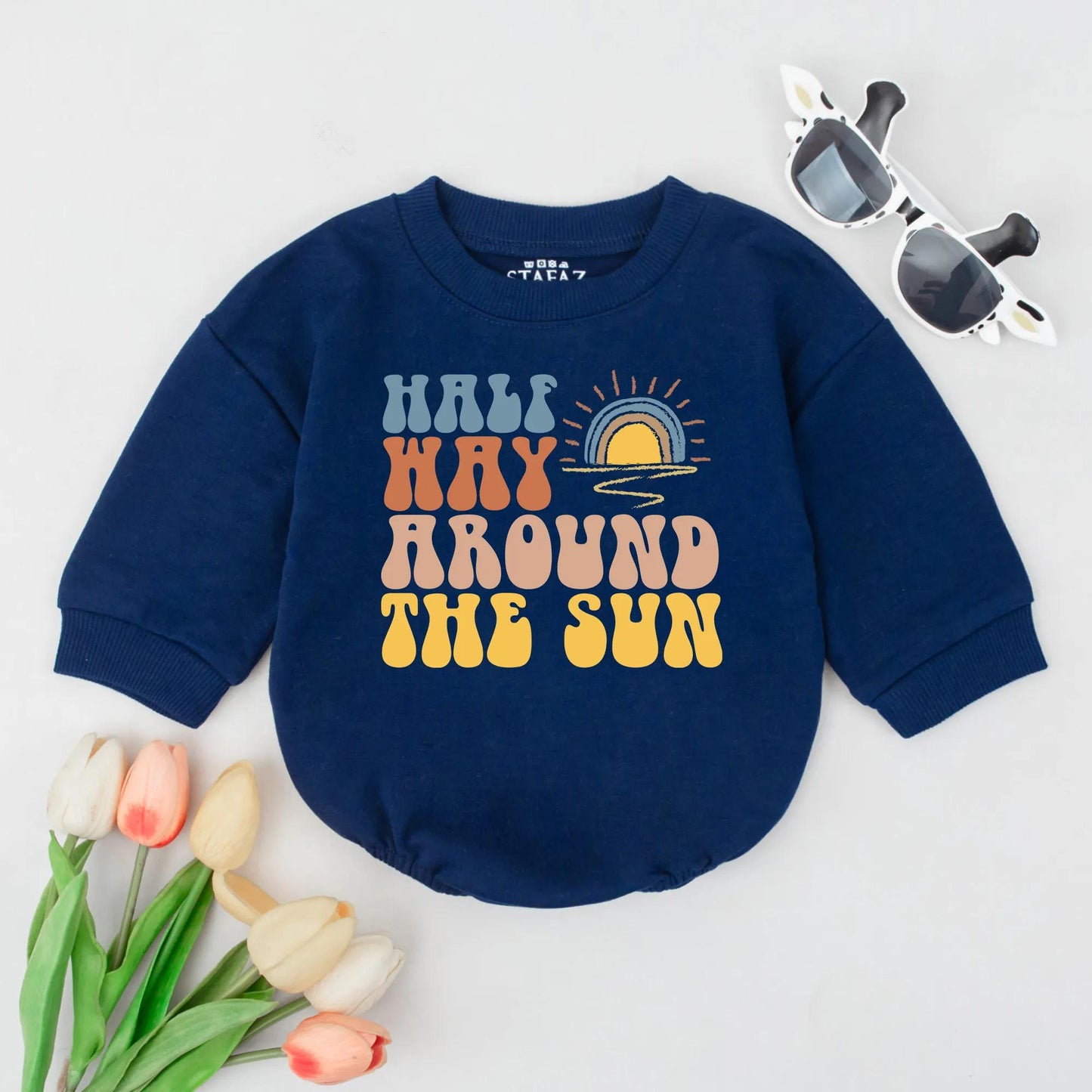 Halfway to One Bubble Romper for 6 Month Baby Girl - Retro Half Birthday Outfit Sunshine Baby Clothes Milestone Romper