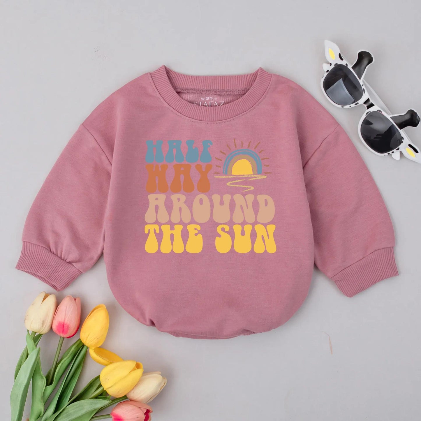 Halfway to One Bubble Romper for 6 Month Baby Girl - Retro Half Birthday Outfit Sunshine Baby Clothes Milestone Romper