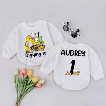 Digger Birthday Romper One Digging It Outfit Custom Name Gift Boy Toddler Excavator Clothes 1st Birthday