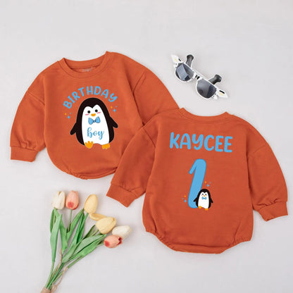 Personalized Penguin Birthday Outfit – Custom 1st Birthday Shirt & Pants Set – Cute Penguin Theme Baby Boy or Girl Birthday Outfit