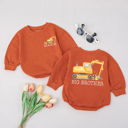 Custom Big Brother Excavator Romper Sweet Baby Boy Digger Outfit Toddler Excavator Sibling Gift Idea Yellow Construction Bubble