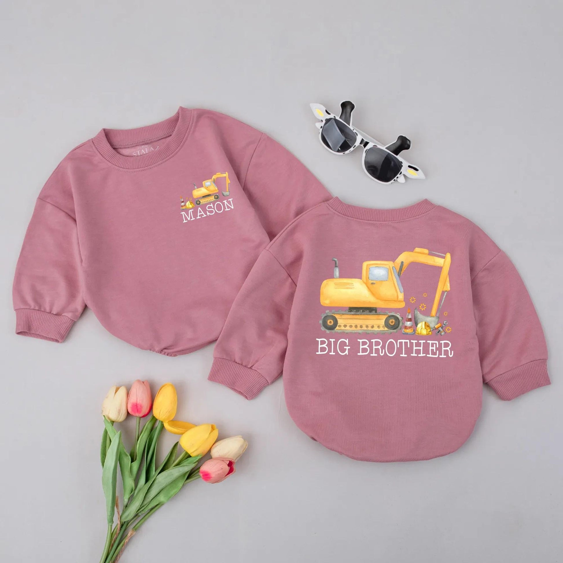 Custom Big Brother Excavator Romper Sweet Baby Boy Digger Outfit Toddler Excavator Sibling Gift Idea Yellow Construction Bubble