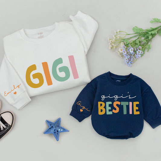 Personalized Gigi & Gigi's Bestie Sweatshirts, Baby Romper, New Grandma Gift, Custom Matching Family Outfit