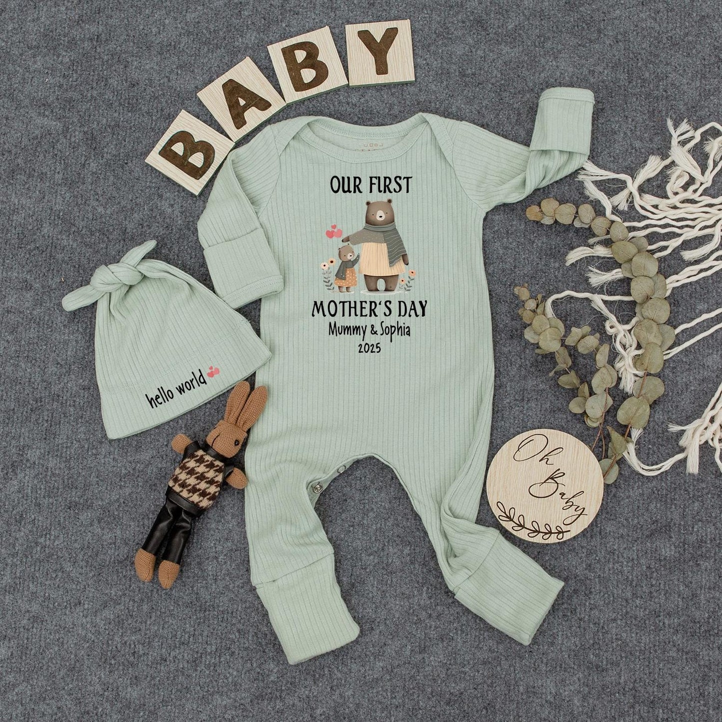 Our First Mother's Day 2025 Outfit, Bears with Heart, Custom Name Baby Romper & Hat, Earthy Floral Newborn Gift for Mommy & Sophia, Cute Bodysuit