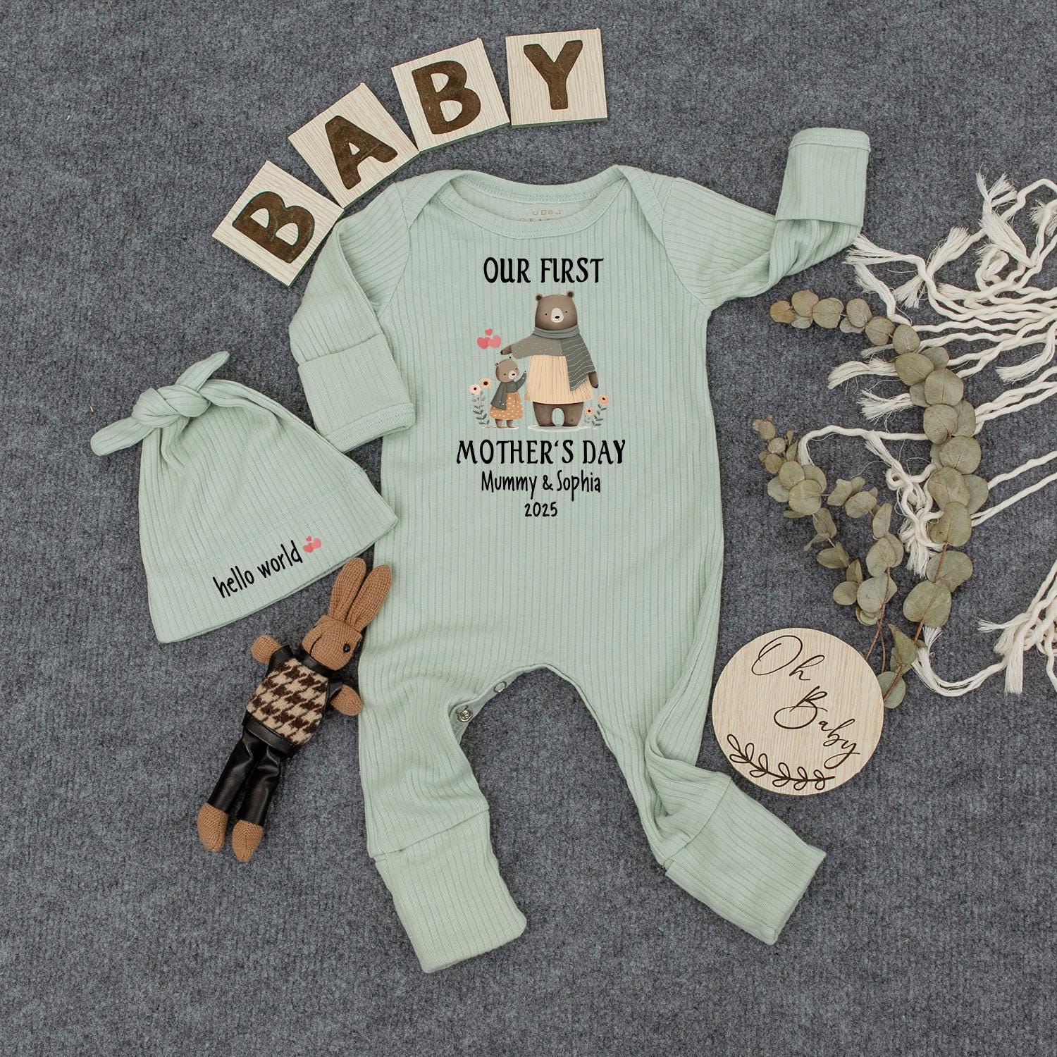 Our First Mother's Day 2025 Outfit, Bears with Heart, Custom Name Baby Romper & Hat, Earthy Floral Newborn Gift for Mommy & Sophia, Cute Bodysuit