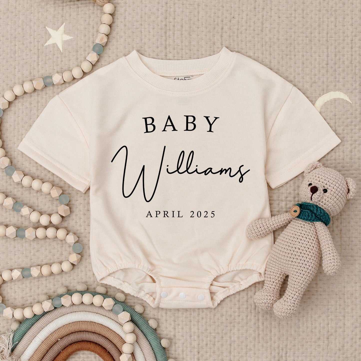 Personalized Baby Name Announcement Romper Bodysuit Custom Expected Month Coming Soon Newborn Arrival Gift Minimalist Modern Design