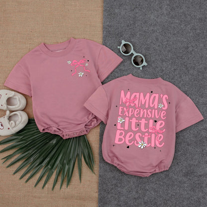 Mama's Expensive Little Bestie Bubble Romper Boho Baby Girl Outfit Mother's Day Shower Gift Cotton Soft Comfortable