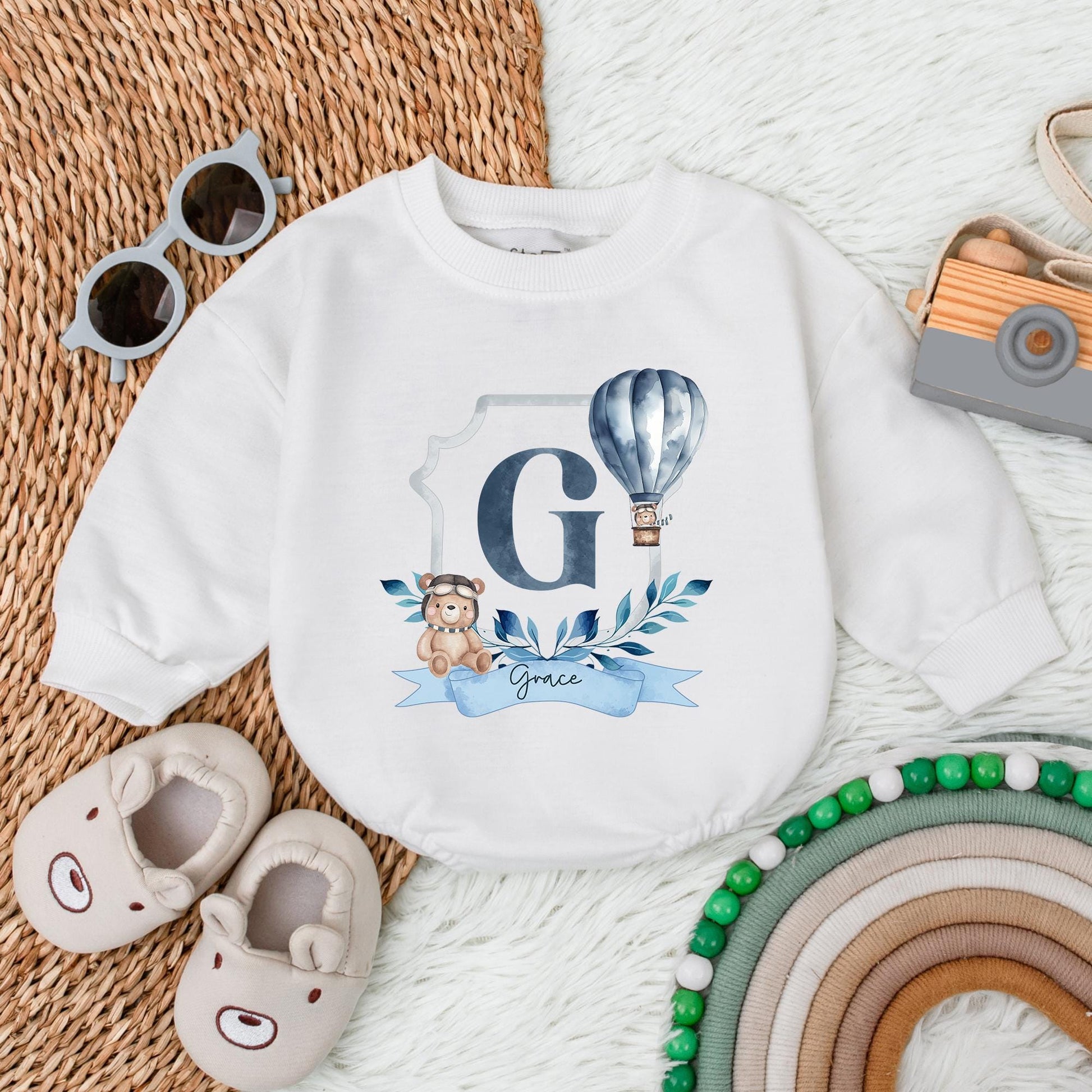 Personalized Blue Hot Air Balloon Romper for Baby Boy First Birthday Party Outfit Custom Name Baby Shower Gift Soft Cotton
