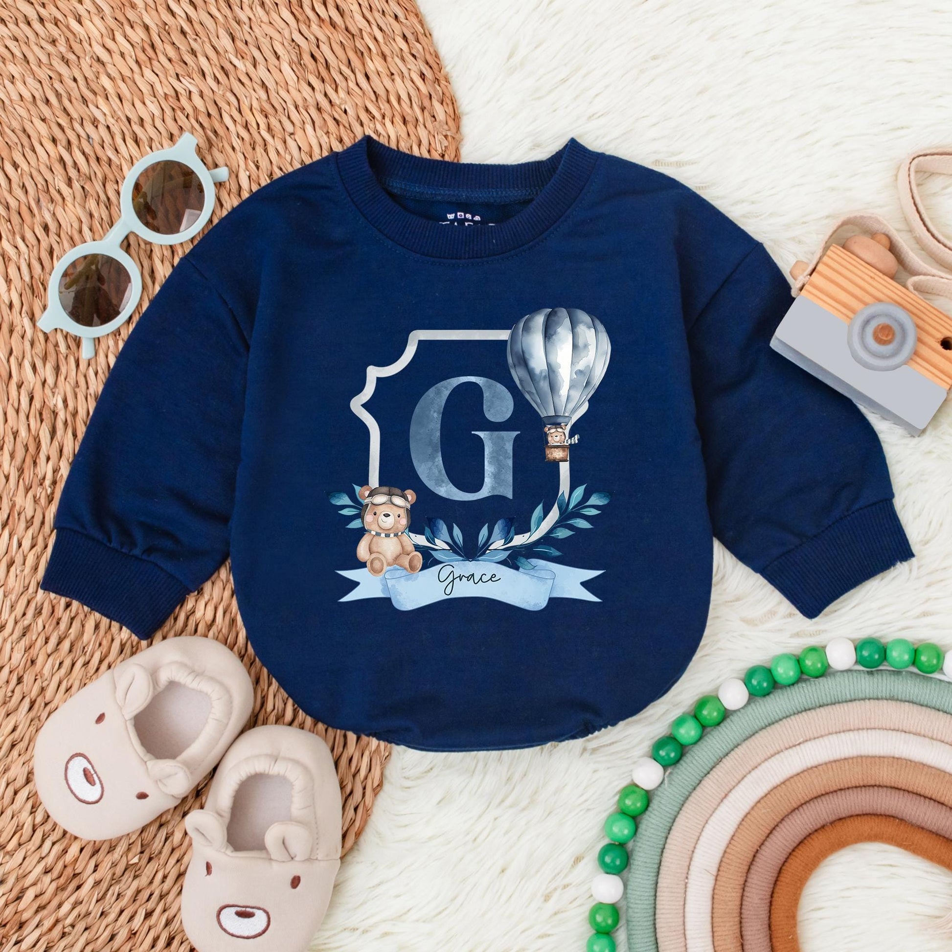 Personalized Blue Hot Air Balloon Romper for Baby Boy First Birthday Party Outfit Custom Name Baby Shower Gift Soft Cotton