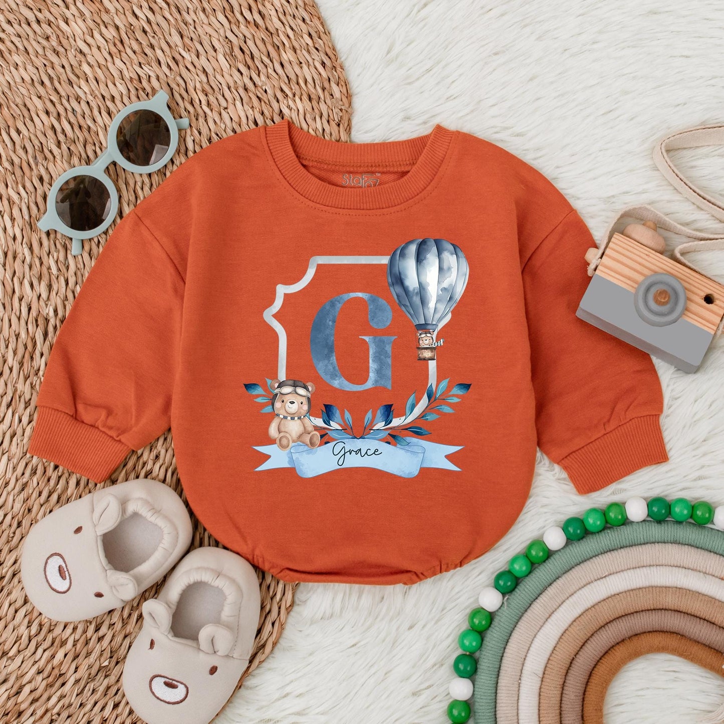 Personalized Blue Hot Air Balloon Romper for Baby Boy First Birthday Party Outfit Custom Name Baby Shower Gift Soft Cotton