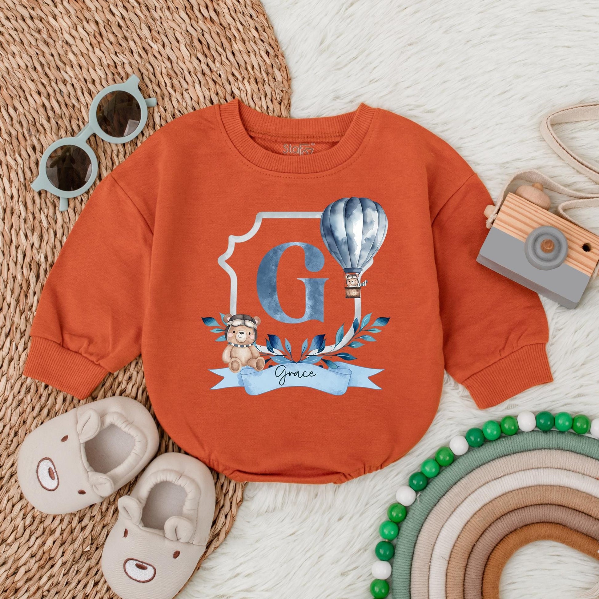 Personalized Blue Hot Air Balloon Romper for Baby Boy First Birthday Party Outfit Custom Name Baby Shower Gift Soft Cotton