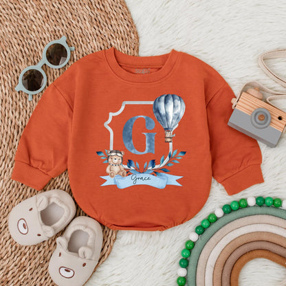 Personalized Blue Hot Air Balloon Romper for Baby Boy First Birthday Party Outfit Custom Name Baby Shower Gift Soft Cotton