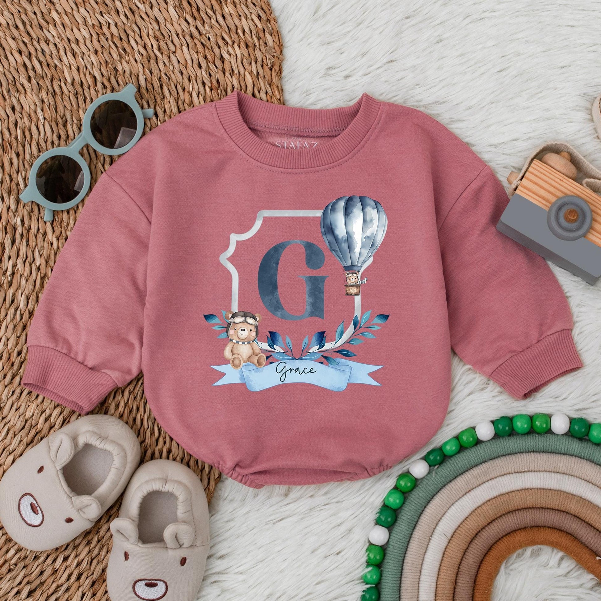 Personalized Blue Hot Air Balloon Romper for Baby Boy First Birthday Party Outfit Custom Name Baby Shower Gift Soft Cotton