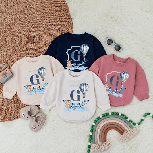 Personalized Blue Hot Air Balloon Romper for Baby Boy First Birthday Party Outfit Custom Name Baby Shower Gift Soft Cotton