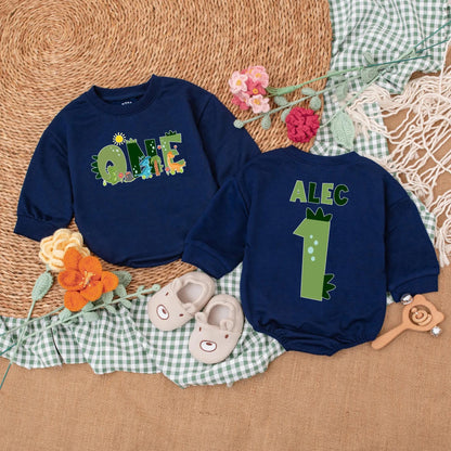 Custom One-A-Saurus Dinosaur 1st Birthday Romper for Boy, Cute Dino Party Outfit, Personalized Baby Bodysuit Gift