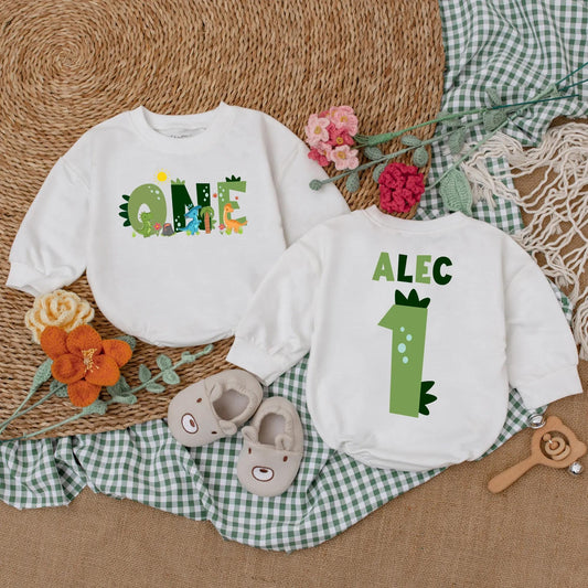 Custom One-A-Saurus Dinosaur 1st Birthday Romper for Boy, Cute Dino Party Outfit, Personalized Baby Bodysuit Gift
