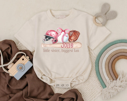 Personalized Softball Bubble Romper Baby Girl Baseball Bodysuit Little Sister Gift Newborn Sports Outfit