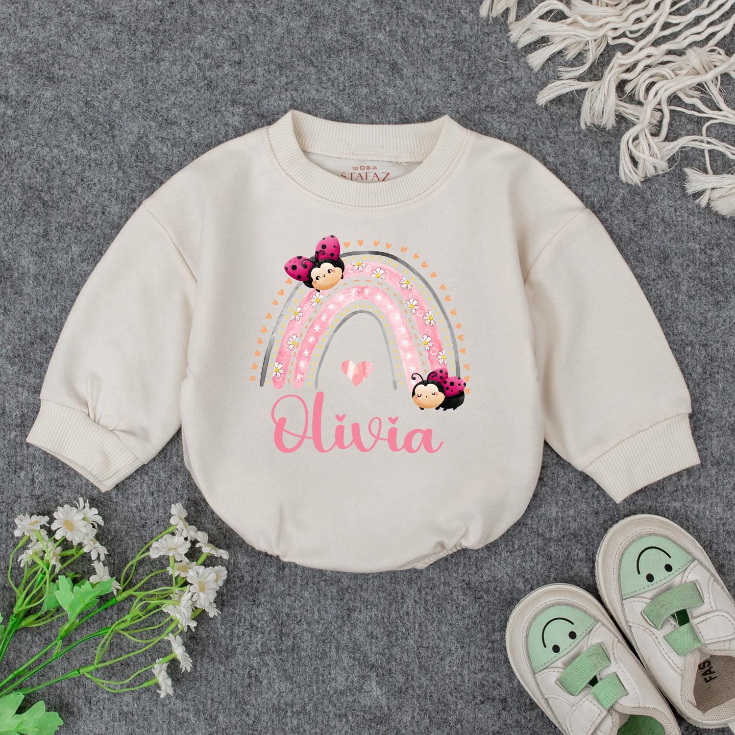 Personalized Baby Girl Rainbow Olivia Name Bodysuit Pink and White Striped Floral Ladybug Design Whimsical Newborn Infant Outfit Shower Gift