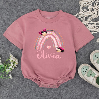 Personalized Baby Girl Rainbow Olivia Name Bodysuit Pink and White Striped Floral Ladybug Design Whimsical Newborn Infant Outfit Shower Gift