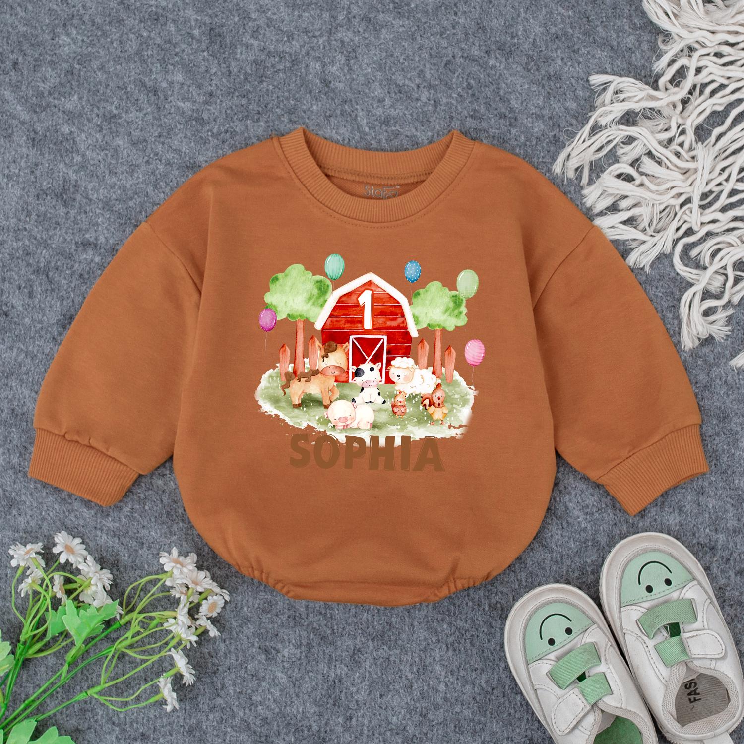 Personalized Farm 1st Birthday Bodysuit Baby Outfit, Red Barn & Animals, Custom Name Romper, Barnyard Party Clothes, Girl or Boy Gift, First Birthday