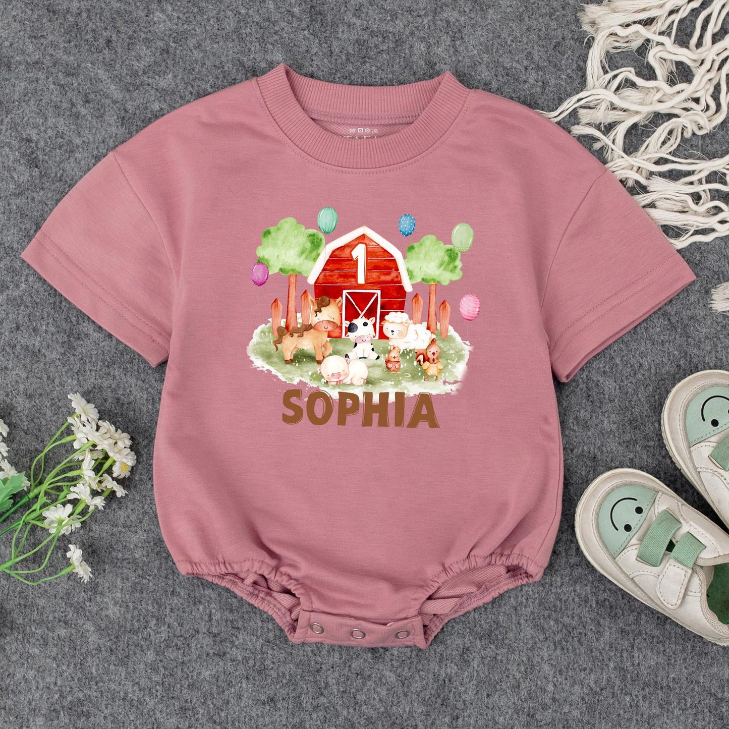 Personalized Farm 1st Birthday Bodysuit Baby Outfit, Red Barn & Animals, Custom Name Romper, Barnyard Party Clothes, Girl or Boy Gift, First Birthday