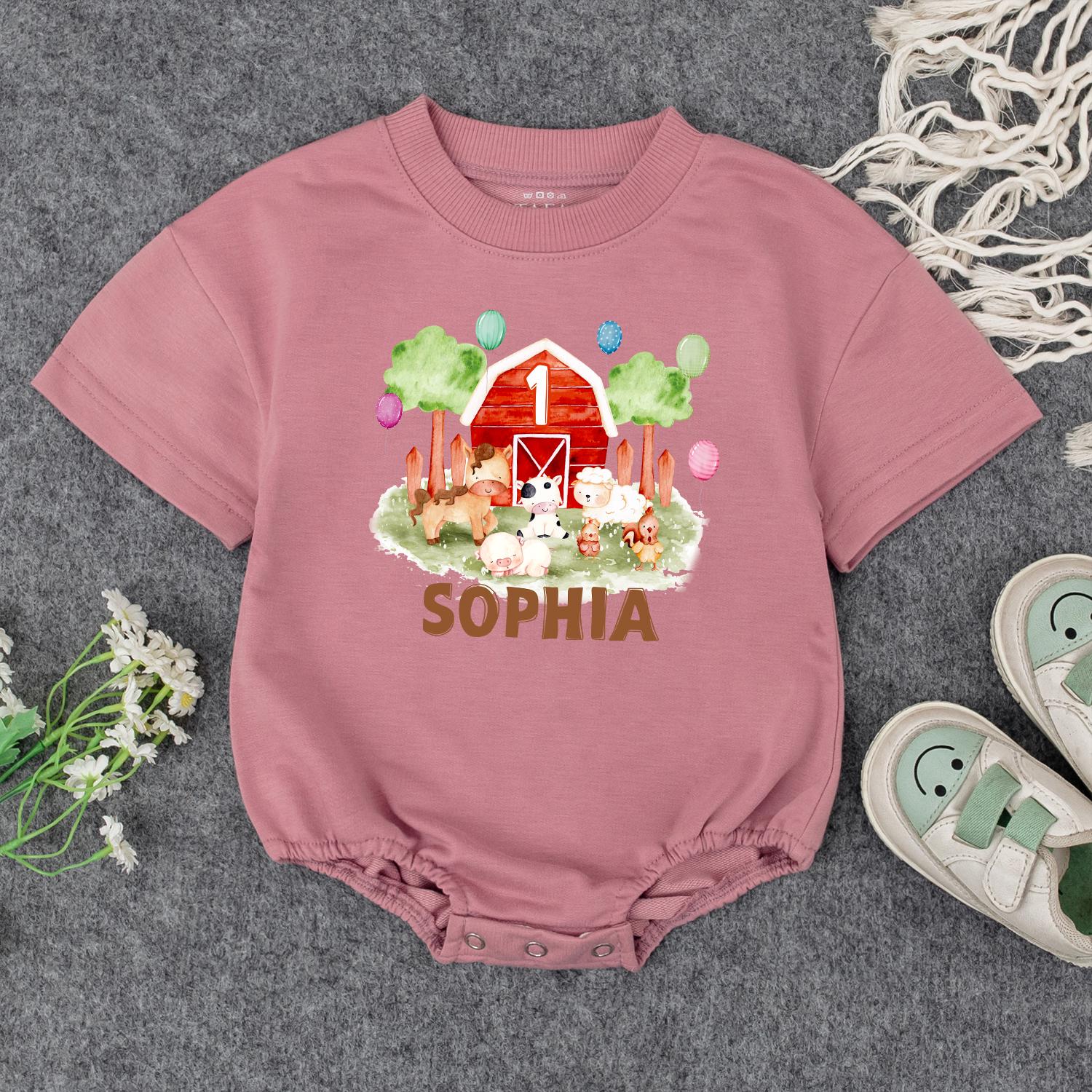 Personalized Farm 1st Birthday Bodysuit Baby Outfit, Red Barn & Animals, Custom Name Romper, Barnyard Party Clothes, Girl or Boy Gift, First Birthday