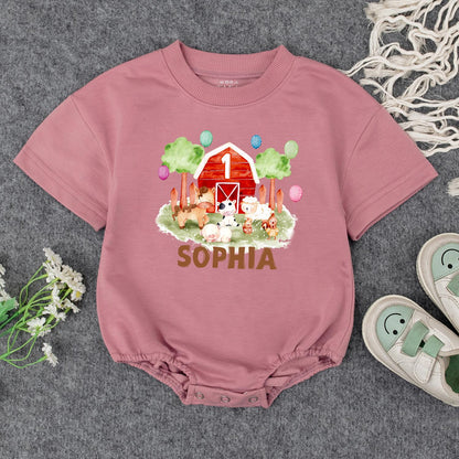 Personalized Farm 1st Birthday Bodysuit Baby Outfit, Red Barn & Animals, Custom Name Romper, Barnyard Party Clothes, Girl or Boy Gift, First Birthday