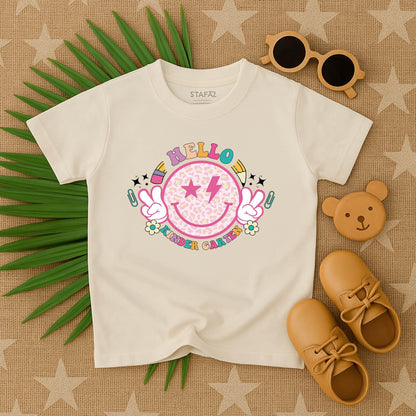 Hello Kindergarten Smiley Face Shirt a joyful back to school outfit for toddlers kids on their first day of preschool or kindergarten comfy tee